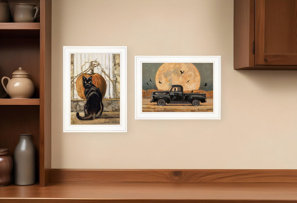 HomeRoots Set of Two Framed Harvest Moon Prints with Black Cat & Vintage Truck - Rustic Kitchen Wall Art Decor 407939