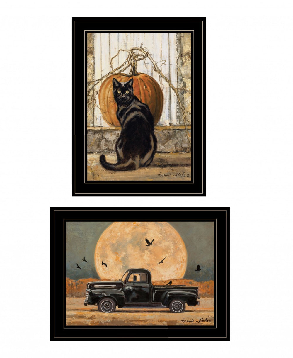 HomeRoots Set of Two Rustic Harvest Moon and Cat Vintage Truck Framed Prints for Cozy Farmhouse Decor Black and Gold 19 x 35 407940