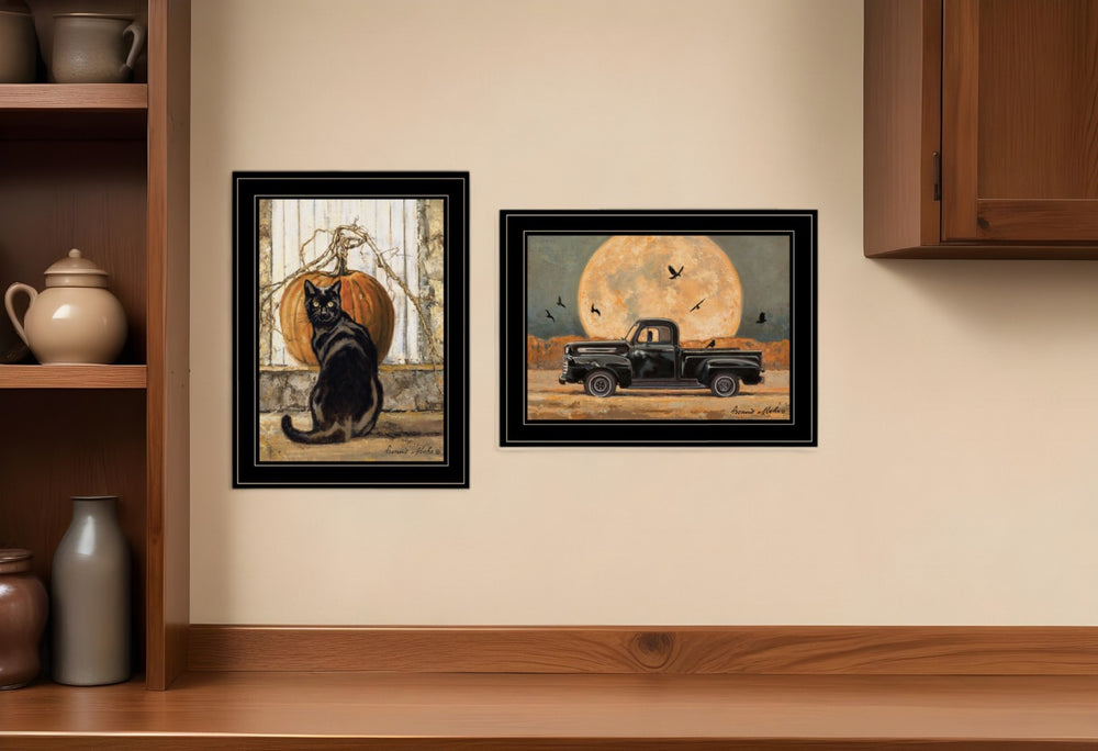 HomeRoots Set of Two Rustic Harvest Moon and Cat Vintage Truck Framed Prints for Cozy Farmhouse Decor Black and Gold 19 x 35 407940