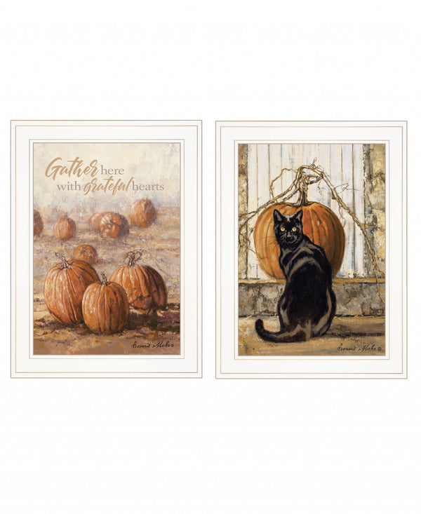 Homeroots Set Of Two Pumpkins With A Black Cat 1 White Framed Print Wall Art White Wood Print 407942
