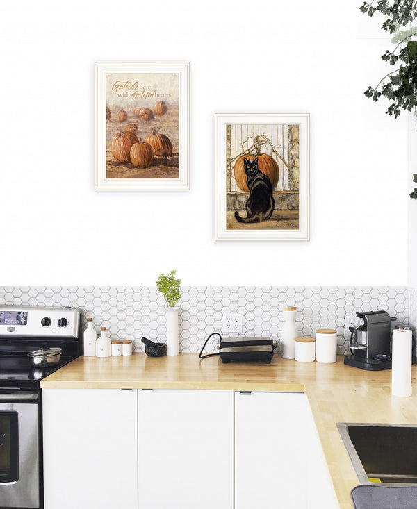 Homeroots Set Of Two Pumpkins With A Black Cat 1 White Framed Print Wall Art White Wood Print 407942