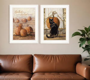 Homeroots Set Of Two Pumpkins With A Black Cat 1 White Framed Print Wall Art White Wood Print 407942