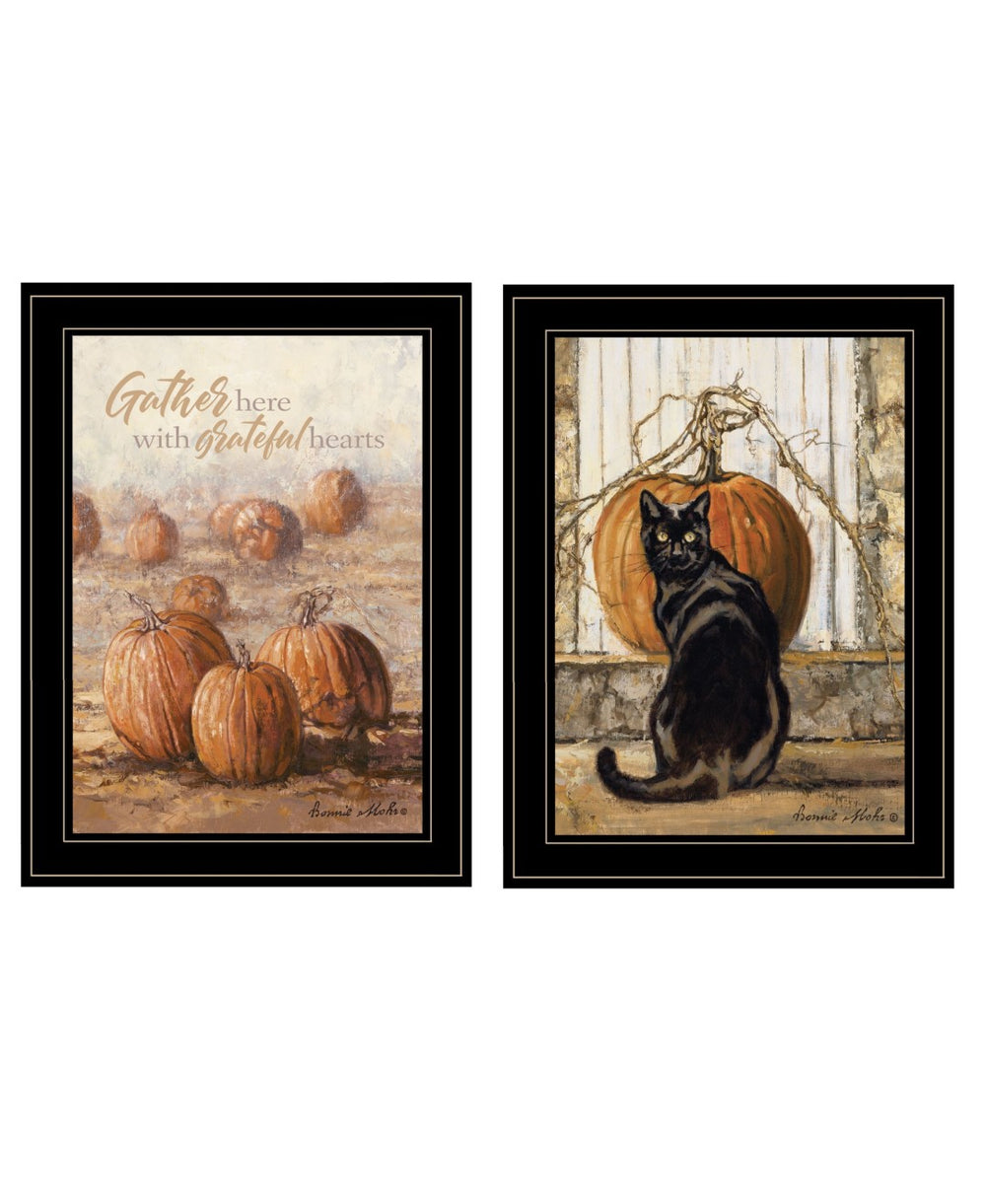 HomeRoots Set of Two Charming Pumpkin and Black Cat Framed Wall Art for Modern Farmhouse Décor Black and Gold 35 x 19 407943