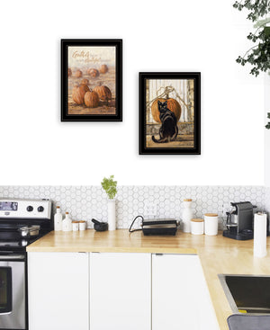 Homeroots Set Of Two Pumpkins With A Black Cat Black Framed Print Wall Art Black And Gold Wood Print 407943
