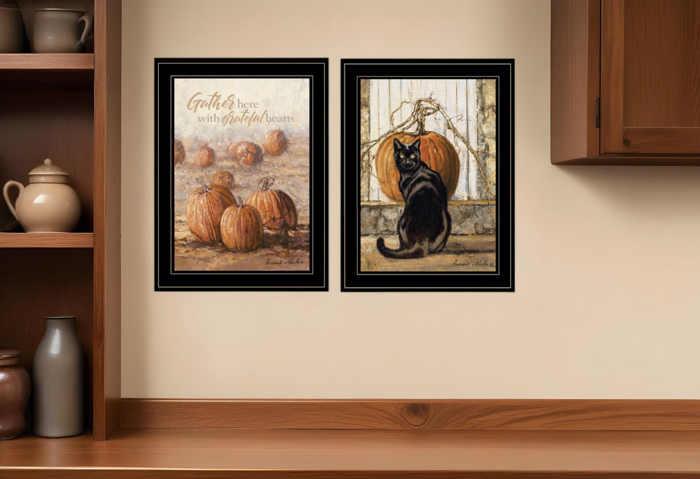 HomeRoots Set of Two Charming Pumpkin and Black Cat Framed Wall Art for Modern Farmhouse Décor Black and Gold 35 x 19 407943