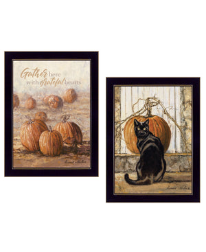 Homeroots Set Of Two Pumpkins With A Black Cat Black Framed Print Wall Art  Wood Print 407944