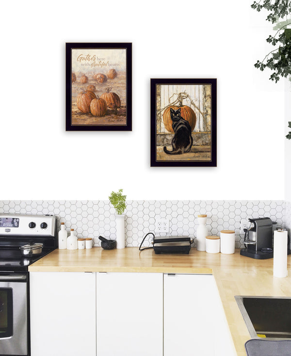 Homeroots Set Of Two Pumpkins With A Black Cat Black Framed Print Wall Art  Wood Print 407944