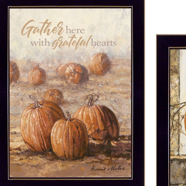 Homeroots Set Of Two Pumpkins With A Black Cat Black Framed Print Wall Art  Wood Print 407944