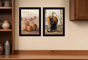 Homeroots Set Of Two Pumpkins With A Black Cat Black Framed Print Wall Art  Wood Print 407944