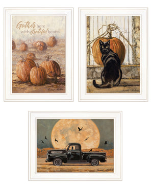HomeRoots Set of Three Rustic Harvest Moon Framed Prints for Farmhouse Kitchen Wall Art & Seasonal Decor 407945