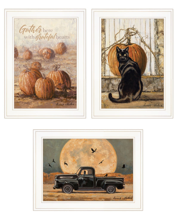 HomeRoots Set of Three Rustic Harvest Moon Framed Prints for Farmhouse Kitchen Wall Art & Seasonal Decor 407945