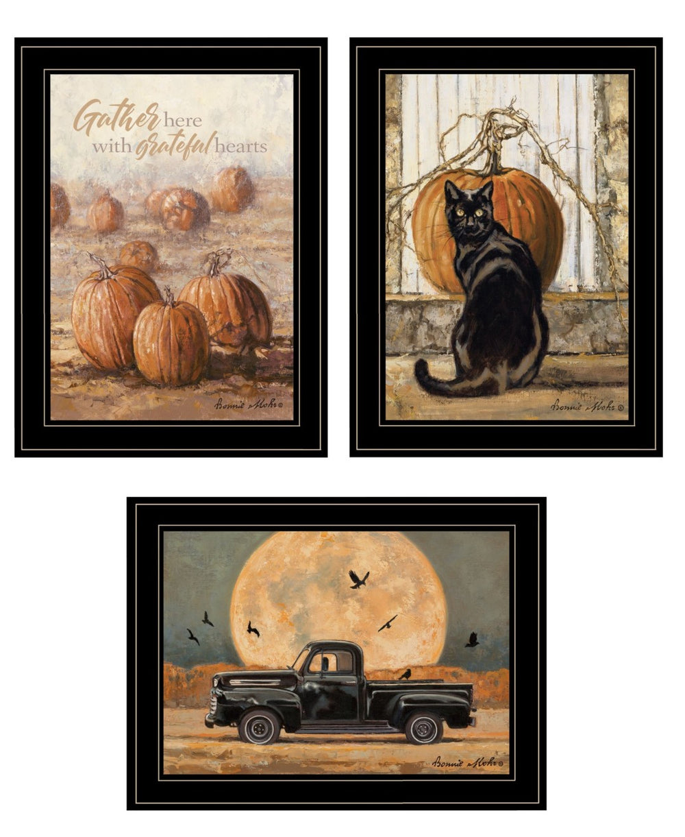 HomeRoots Set of Three Harvest Moon Framed Prints for Rustic Kitchen Wall Art – Autumn Charm Decor Black and Gold 31 x 35 407946