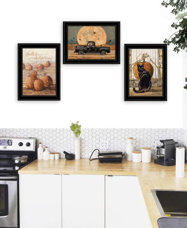 HomeRoots Set of Three Harvest Moon Framed Prints for Rustic Kitchen Wall Art – Autumn Charm Decor Black and Gold 31 x 35 407946