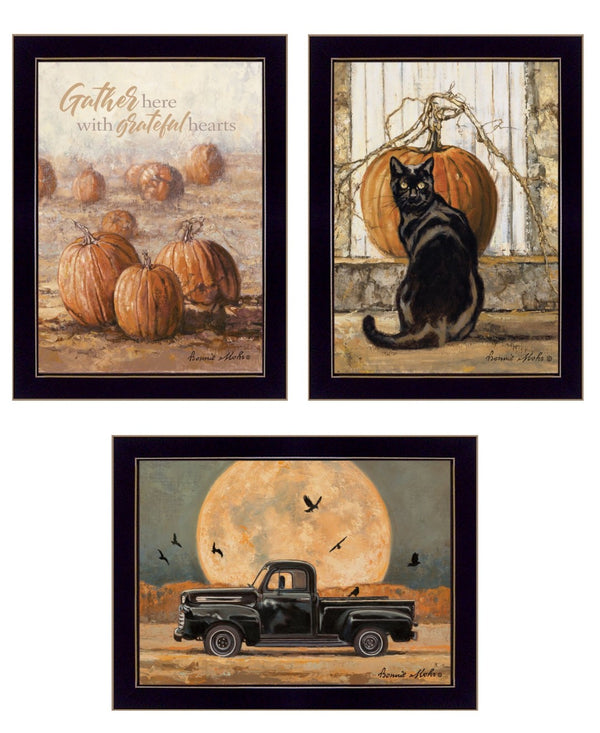 HomeRoots Set of Three Harvest Moon Framed Prints for Rustic Kitchen Wall Art – Autumn Charm Decor Black 29 x 33 407947