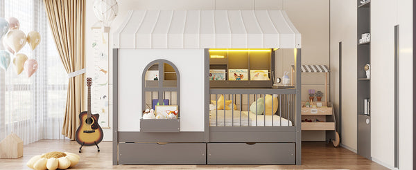 English Elm Full Size Kids House Bed with Led Bookshelf Storage Drawers and Charging Station Gray LP000378AAE