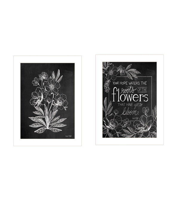 Homeroots Set Of Two Black And White Flowers In Bloom White Framed Print Wall Art White Wood Print 407966