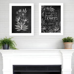 Homeroots Set Of Two Black And White Flowers In Bloom White Framed Print Wall Art White Wood Print 407966