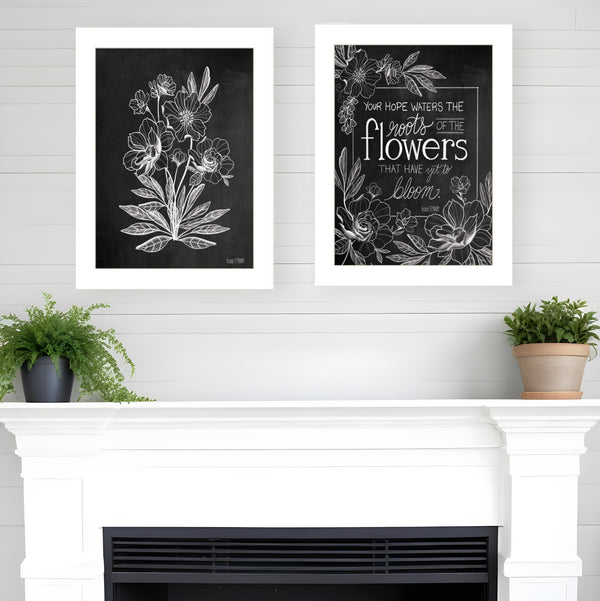Homeroots Set Of Two Black And White Flowers In Bloom White Framed Print Wall Art White Wood Print 407966