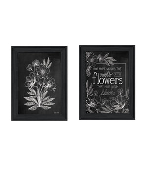 Homeroots Set Of Two Vintage Flowers In Bloom Black Framed Print Wall Art Charcoal Wood Print 407968