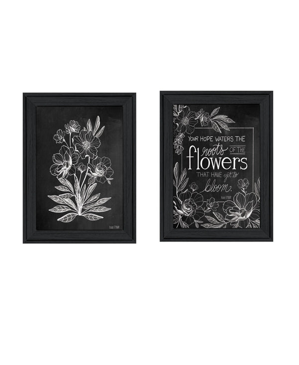 Homeroots Set Of Two Vintage Flowers In Bloom Black Framed Print Wall Art Charcoal Wood Print 407968