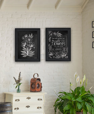 Homeroots Set Of Two Vintage Flowers In Bloom Black Framed Print Wall Art Charcoal Wood Print 407968