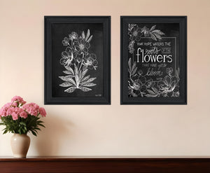 Homeroots Set Of Two Vintage Flowers In Bloom Black Framed Print Wall Art Charcoal Wood Print 407968