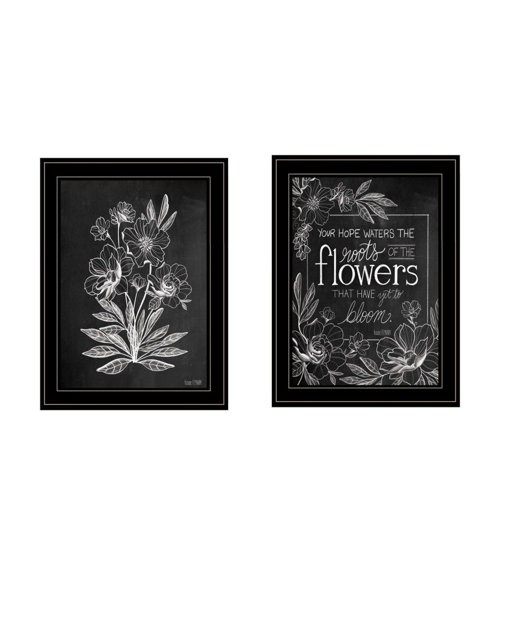 HomeRoots Set of Two Black and White Floral Prints in Modern Frames - Timeless Wall Art for Any Space Black and Gold 31 x 19 407969