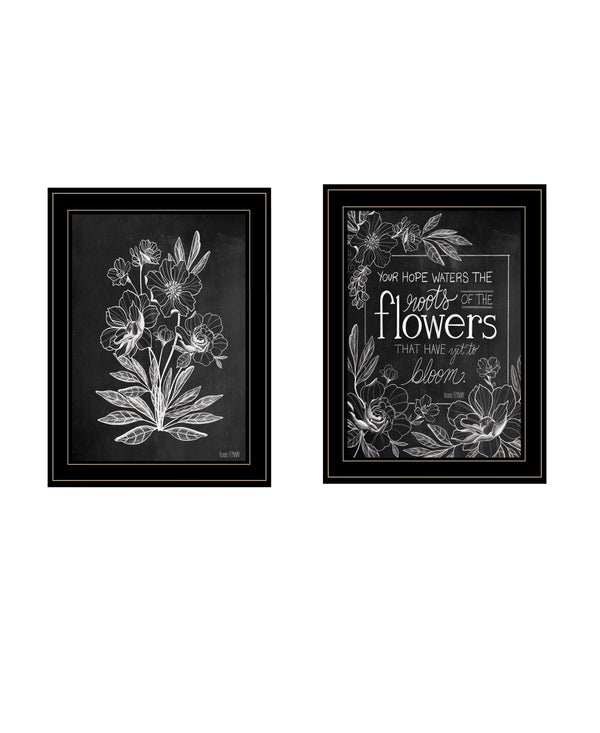 Homeroots Set Of Two Vintage Flowers In Bloom Black Framed Print Wall Art Black And Gold Wood Print 407969