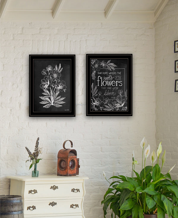 Homeroots Set Of Two Vintage Flowers In Bloom Black Framed Print Wall Art Black And Gold Wood Print 407969