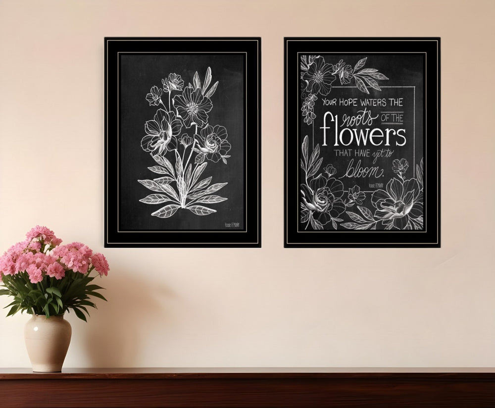 HomeRoots Set of Two Black and White Floral Prints in Modern Frames - Timeless Wall Art for Any Space Black and Gold 31 x 19 407969