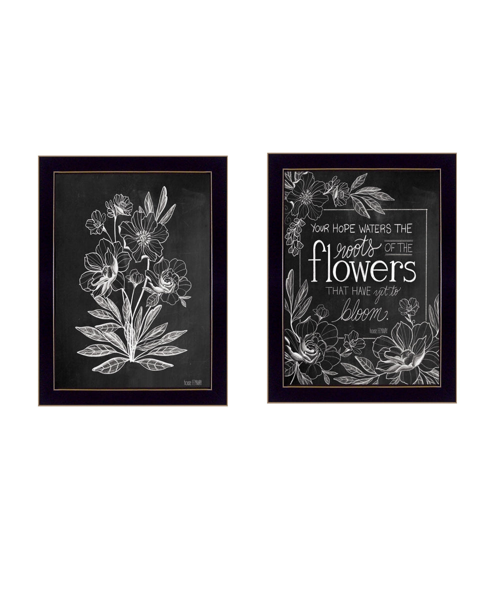 Homeroots Set Of Two Vintage Flowers In Bloom Black Framed Print Wall Art  Wood Print 407970