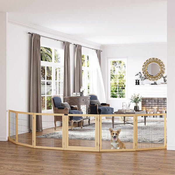 English Elm Pawhut Pinewood Freestanding Pet Gate Six Foldable Panels Locking Door for Dogs W2225P217311