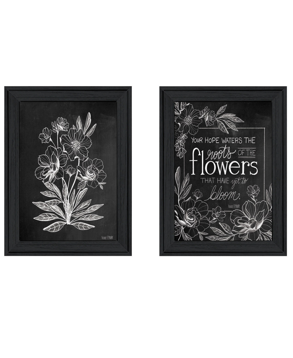 Homeroots Set Of Two Vintage Chalkboard Blooms Black Framed Print Wall Art  Wood Print 407974