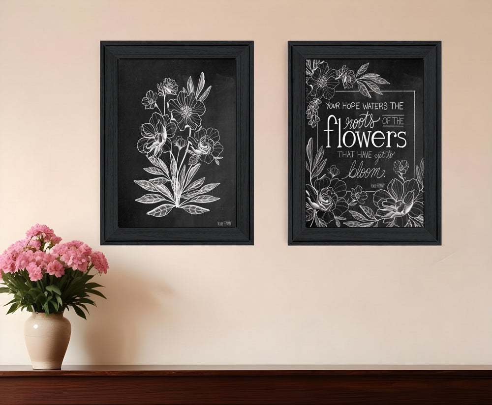 Homeroots Set Of Two Vintage Chalkboard Blooms Black Framed Print Wall Art  Wood Print 407974