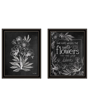 HomeRoots Set of Two Vintage Chalkboard Bloom Prints - Rustic Framed Wall Art for Timeless Farmhouse Charm Black and Gold 29 x 18 407975