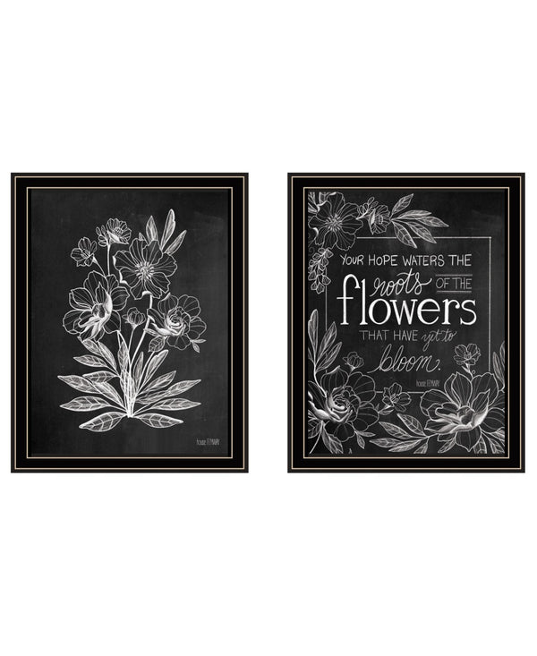HomeRoots Set of Two Vintage Chalkboard Bloom Prints - Rustic Framed Wall Art for Timeless Farmhouse Charm Black and Gold 29 x 18 407975