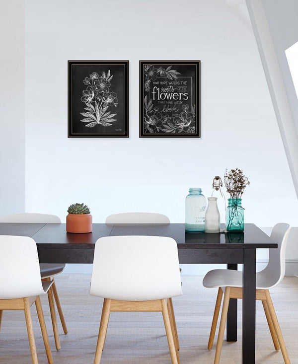 HomeRoots Set of Two Vintage Chalkboard Bloom Prints - Rustic Framed Wall Art for Timeless Farmhouse Charm Black and Gold 29 x 18 407975