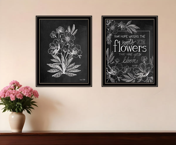 HomeRoots Set of Two Vintage Chalkboard Bloom Prints - Rustic Framed Wall Art for Timeless Farmhouse Charm Black and Gold 29 x 18 407975