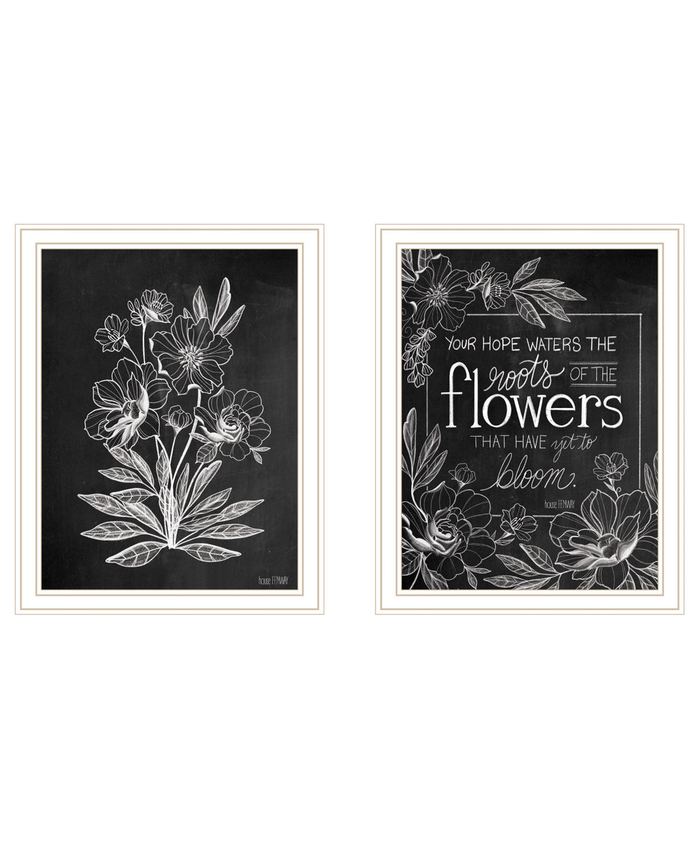 Homeroots Set Of Two Vintage Chalkboard Blooms White Framed Print Wall Art White Wood Print 407976