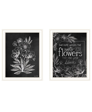 HomeRoots Set of Two Vintage Chalkboard Bloom Prints - Rustic Framed Wall Art for Timeless Farmhouse Charm White 29 x 18 407976