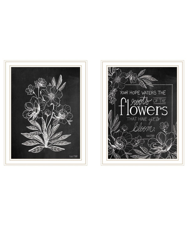 HomeRoots Set of Two Vintage Chalkboard Bloom Prints - Rustic Framed Wall Art for Timeless Farmhouse Charm White 29 x 18 407976