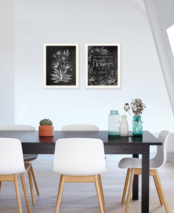 HomeRoots Set of Two Vintage Chalkboard Bloom Prints - Rustic Framed Wall Art for Timeless Farmhouse Charm White 29 x 18 407976
