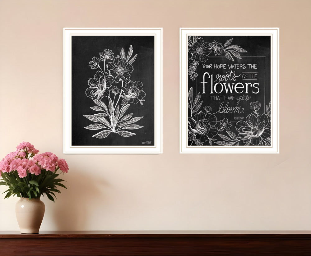 Homeroots Set Of Two Vintage Chalkboard Blooms White Framed Print Wall Art White Wood Print 407976