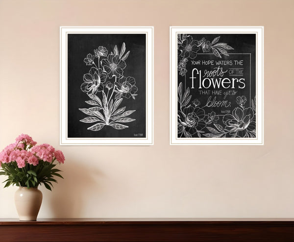 HomeRoots Set of Two Vintage Chalkboard Bloom Prints - Rustic Framed Wall Art for Timeless Farmhouse Charm White 29 x 18 407976