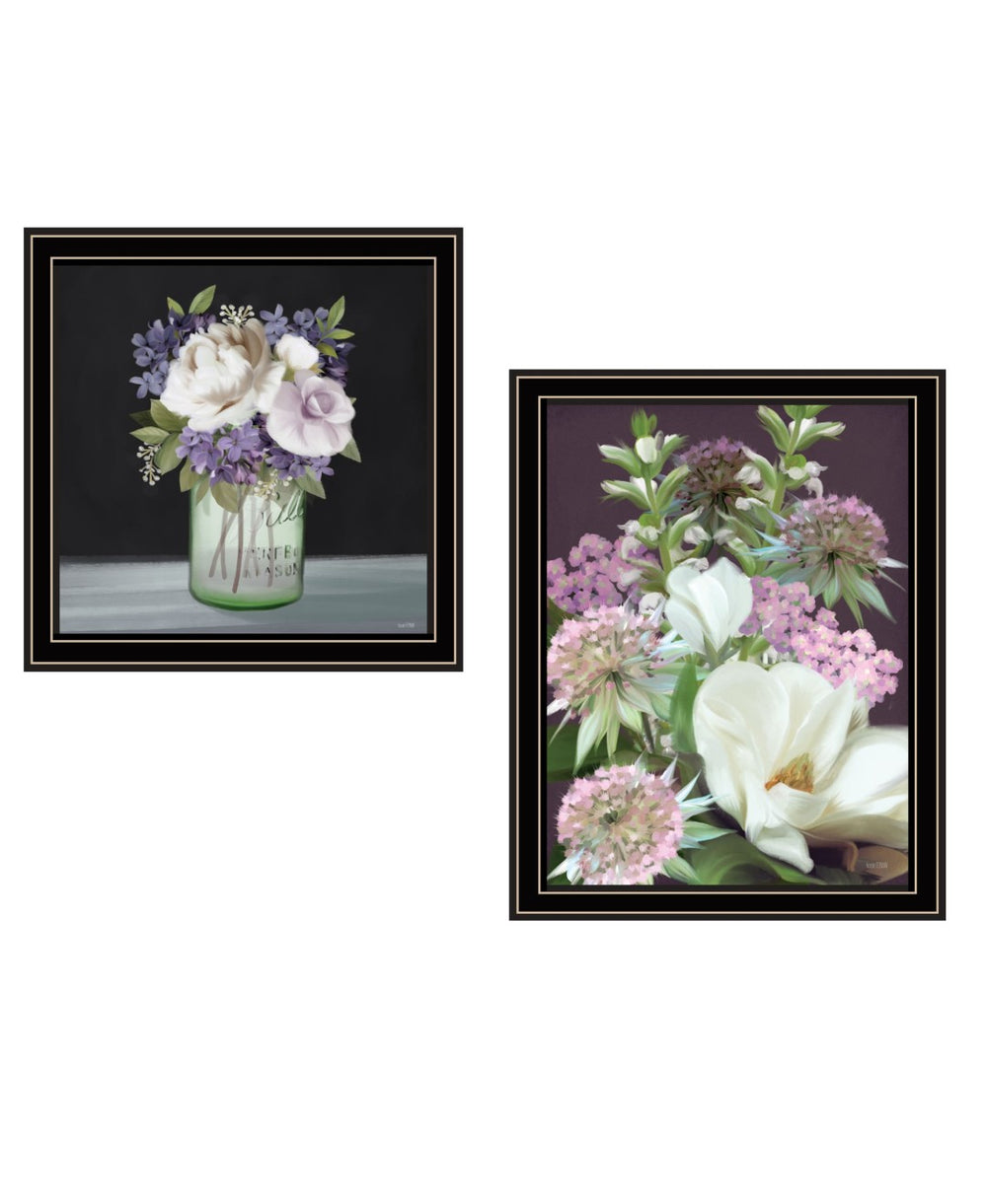HomeRoots Set of Two Framed Lilac and Wild Plum Bouquet Prints - Modern Farmhouse Wall Art Decor for Any Room Black and Gold 29 x 20 407987