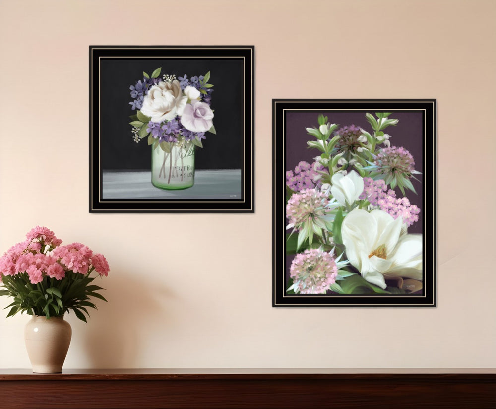 HomeRoots Set of Two Framed Lilac and Wild Plum Bouquet Prints - Modern Farmhouse Wall Art Decor for Any Room Black and Gold 29 x 20 407987