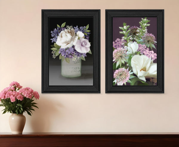 HomeRoots Set of Two Rustic Floral Prints in Black Frame - Lilac and Wild Plum Wall Art for Modern Décor Charcoal 31 x 21 407992