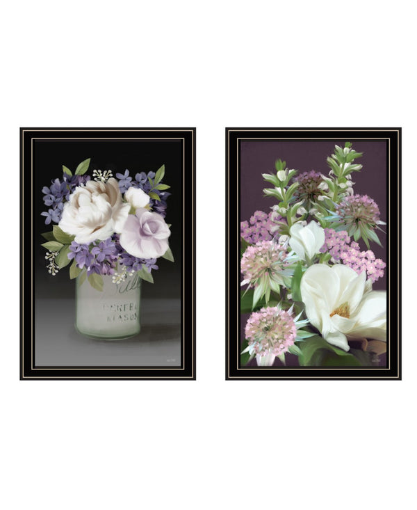 HomeRoots Set of Two Rustic Floral Prints in Black Frame - Lilac and Wild Plum Wall Art for Modern Décor Black and Gold 29 x 20 407993