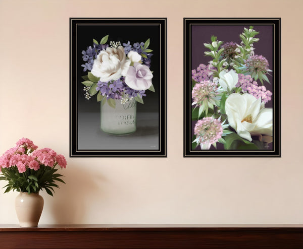 HomeRoots Set of Two Rustic Floral Prints in Black Frame - Lilac and Wild Plum Wall Art for Modern Décor Black and Gold 29 x 20 407993