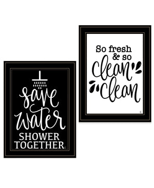 Homeroots Set Of Two Clean Or Shower Together Black Framed Print Bathroom Wall Art Black And Gold Wood Print 407996